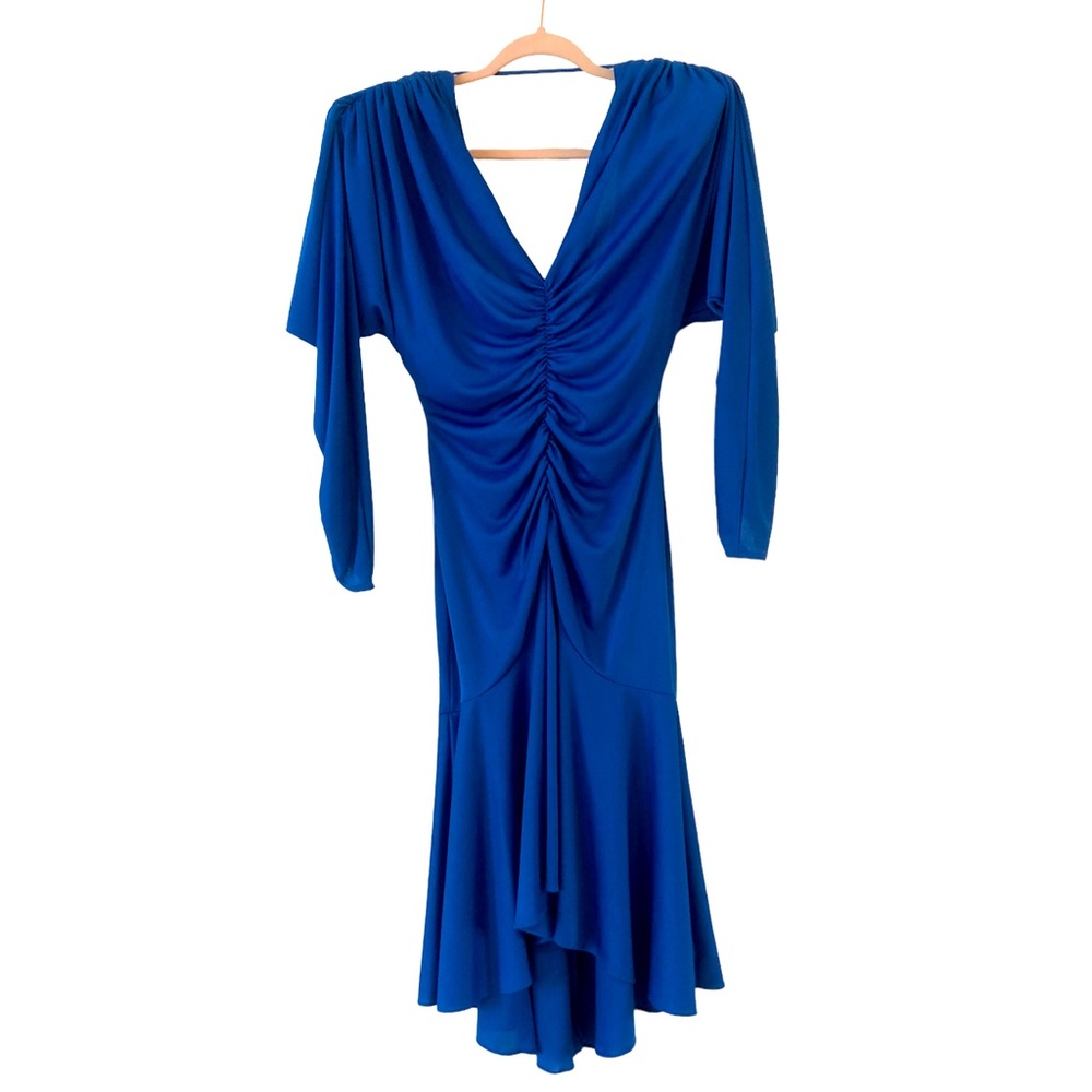 Vintage Climax by David Howard Royal Blue Ruched Open Back 80s Ruffle Dress